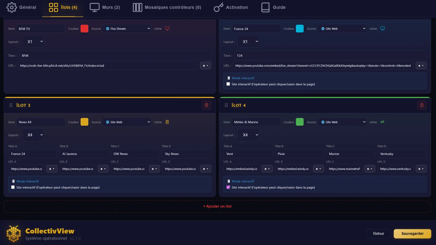 Écran de configuration des îlots CollectivView : nom, couleur, source, icône et disposition X1 ou X4