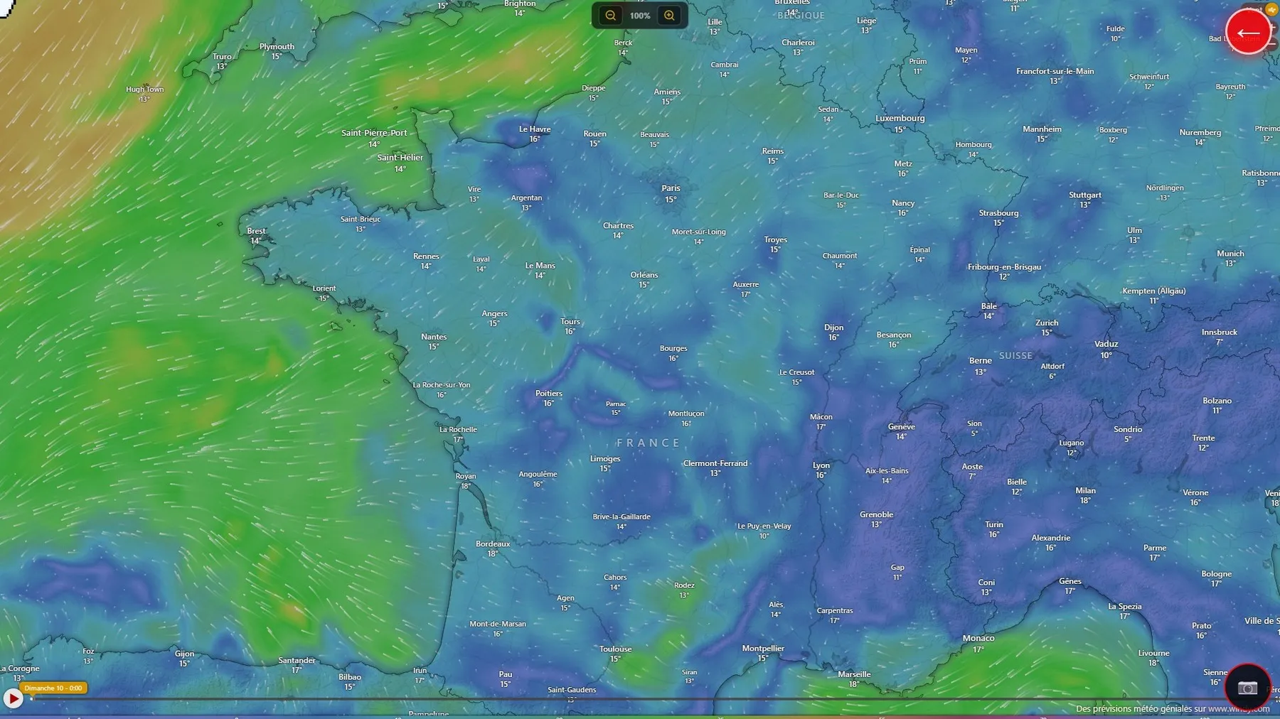 Carte météo affichée en plein écran dans CollectivView avec la commande de zoom et le retour à la grille