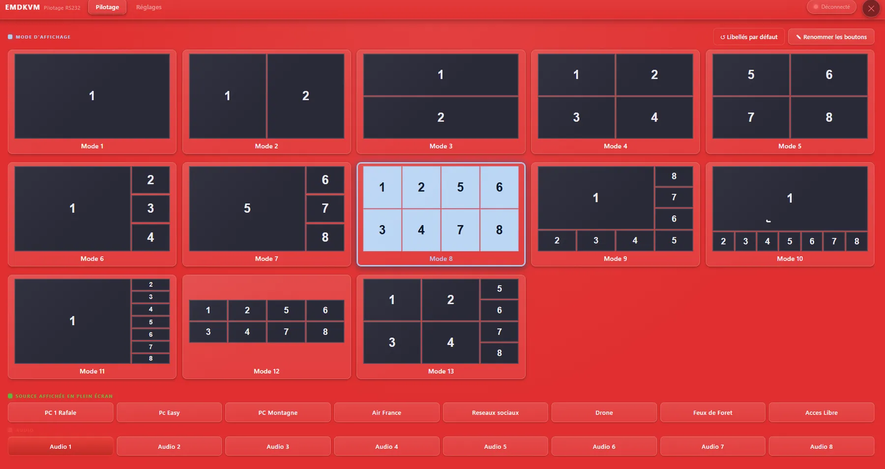 I tredici modi di visualizzazione della Multiprise HDMI, scelti con un dito sullo schermo touch