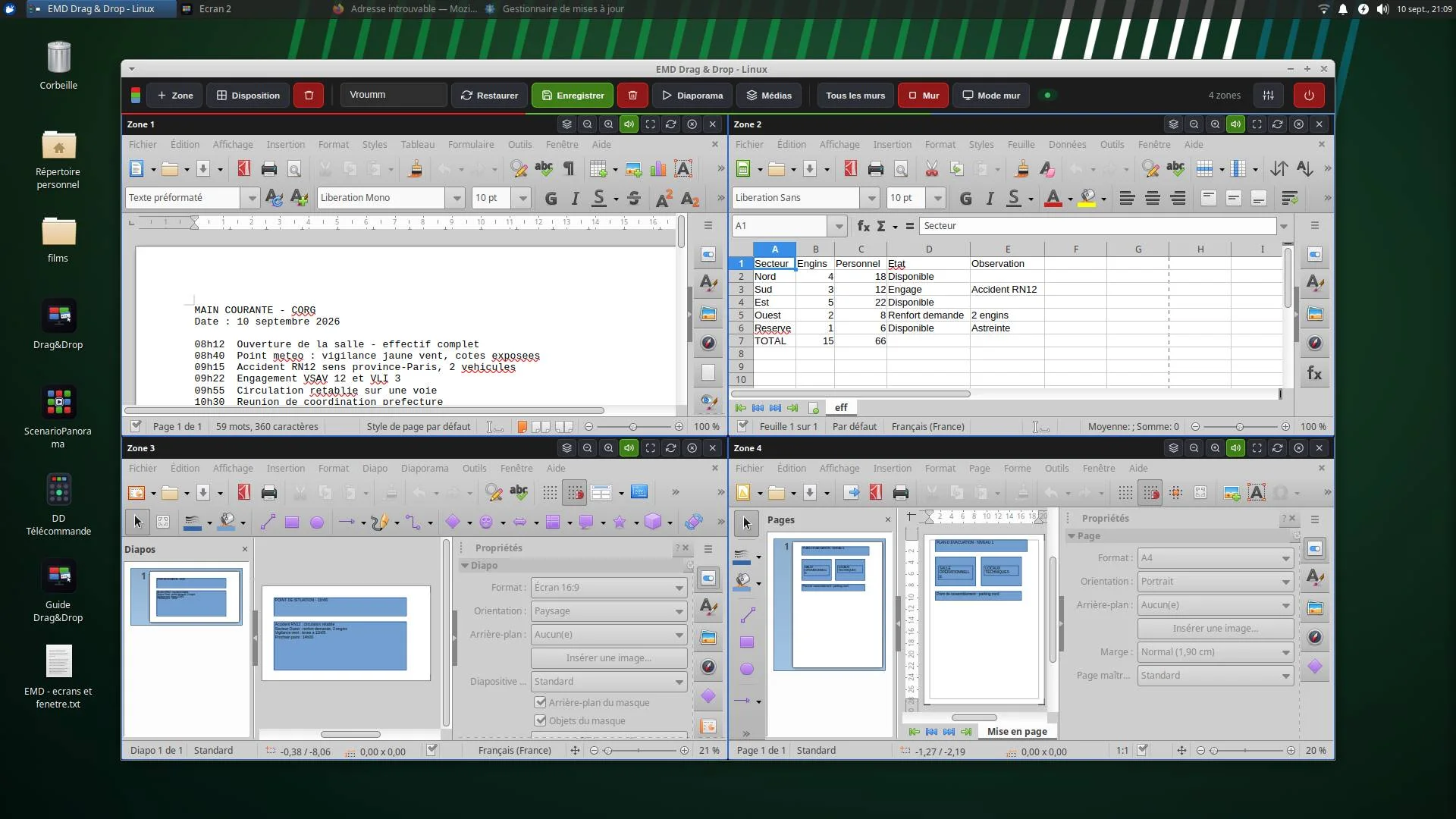 Bedieningspost van Easy Multi Display onder Linux: vier zones geopend in LibreOffice, logboek van de CORG, stand van de patrouilles, situatieoverzicht en evacuatieplan