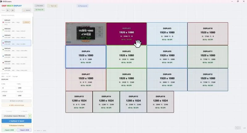 EMDScreens-interface: interactieve canvas voor de configuratie van een wall met 16 schermen, met resoluties en posities
