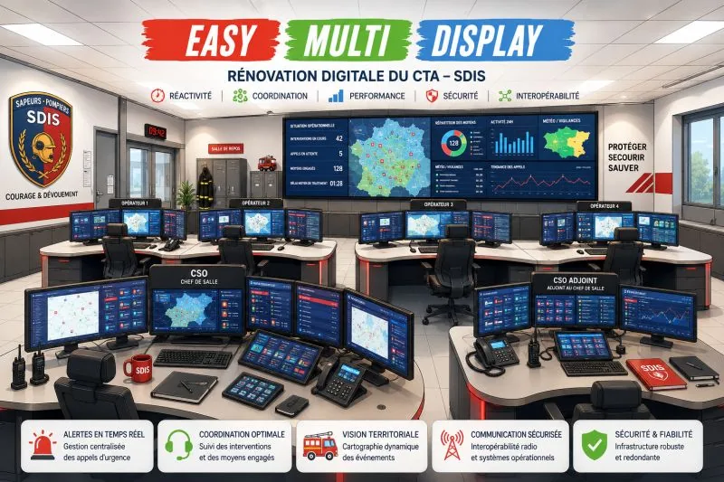 CTA-zaal van een SDIS, gerenoveerd met videowalls aangestuurd door Easy Multi Display