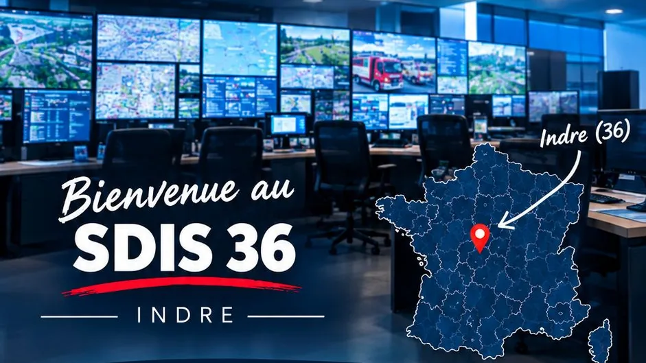 Een operationele ruimte met een videomuur en een kaart van Frankrijk die naar het departement Indre wijst: welkom bij de SDIS 36