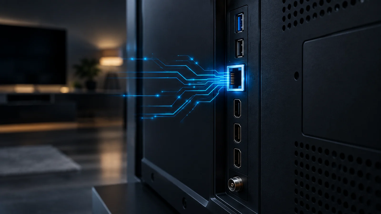Achterkant van een smart-tv: lichtgevende datastromen verlaten de netwerkpoort, naast de HDMI-ingangen
