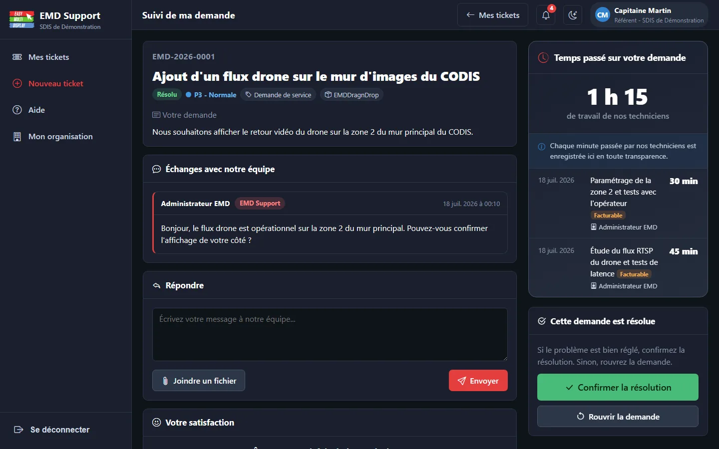 Portail EMD Support : suivi d'une demande avec le temps passé par les techniciens affiché au client